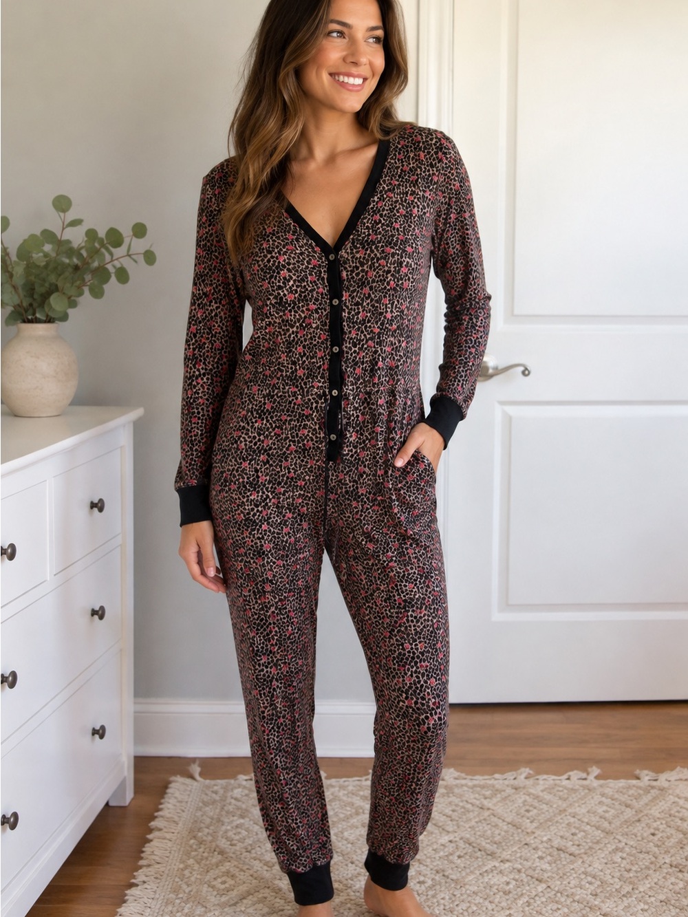 Victoria's Secret Pink and Black Leopard One-Piece Pajama Jumpsuit